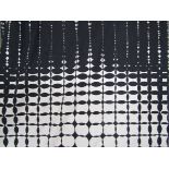 Two enormous curtains in Bridget Riley/Victor Vasarely style black and white op-art design from