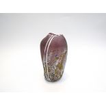 MARTIN ANDREWS - A studio glass vase in amethyst with mottled blue and ochre and white line detail,