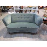 A Danish 1940's curved front two seater sofa, original pale blue velour upholstery ,