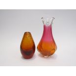 A Sklo Union amber and pink cased glass vase together with a deep amber vase with bubble inclusions,
