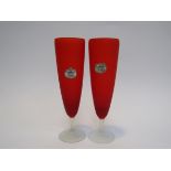 A Murano pair of 1960's "Ardar" red and clear frosted tall wine glasses with original labels, 21.