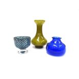 Three pieces of Swedish art glass - Olive green moulded vase,