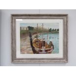 A framed and glazed oil on board, moored boats on quayside, unsigned work,