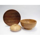 A large turned mid century Burwood bowl together with another bowl and signed treen vessel,
