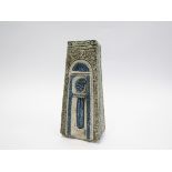 A Troika coffin vase in grey and blue with incised line and relief moulded detail.