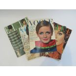 Four 1960's issues of Vogue magazine including 1967 Twiggy edition plus one issue of Elle magazine