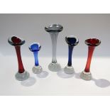 Five Aseda Scandinavian glass "bone" vases including two unusual double cased examples in red/blue