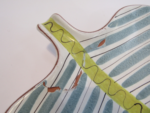 A Stig Lindberg designed Gustavsberg faience leaf platter with blue and white stripes. - Image 2 of 4