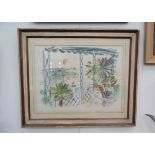 KENNETH KING (XX) A framed and glazed watercolour , balcony scene overlooking a bay,