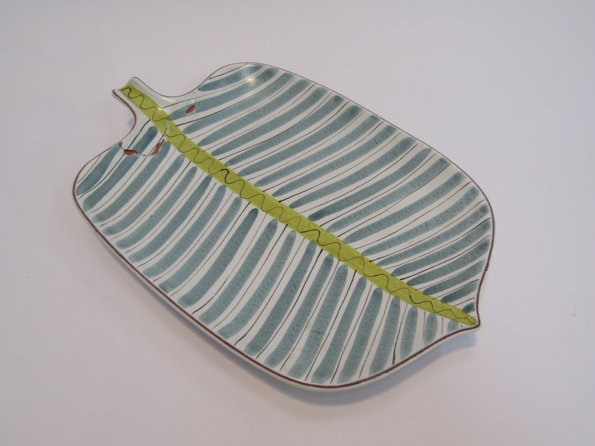 A Stig Lindberg designed Gustavsberg faience leaf platter with blue and white stripes.