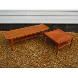 A Myer plywood laminated coffee table together with a teak square example