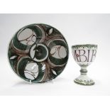 Aldermaston Pottery bowl with abstract design and an Aldermaston goblet with Bibendum design,