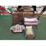 A group of wooden dolls furniture including rocking chair, bed,