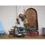 Assorted wooden toys including Pelham puppet, bagatelle,