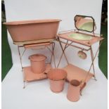 A French painted tin dolls bathroom suite comprising wash stand with mirror, bowl, soap dish,