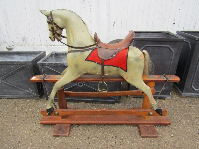 A late Victorian/Edwardian painted wooden bodied rocking horse with horse hair mane and tail with - Image 5 of 9
