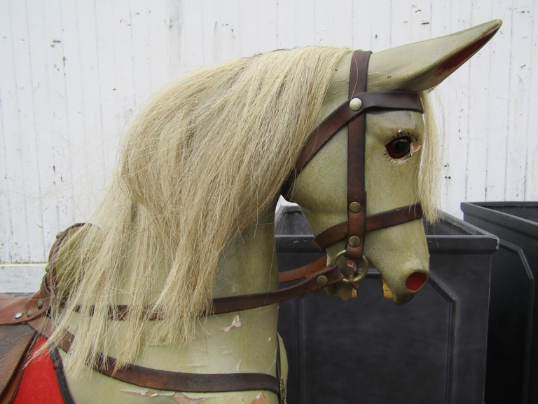 A late Victorian/Edwardian painted wooden bodied rocking horse with horse hair mane and tail with - Image 2 of 9