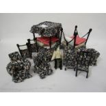 A suite of wirework and cloth dolls house furniture and miniature doll