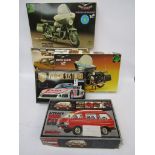 Five car and motorcycle model ktis with sealed contents including Protar, Tamiya,