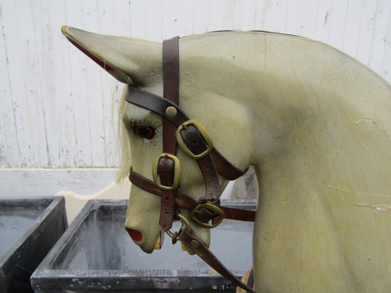 A late Victorian/Edwardian painted wooden bodied rocking horse with horse hair mane and tail with - Image 6 of 9