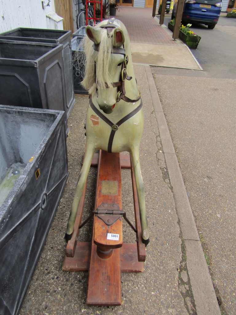 A late Victorian/Edwardian painted wooden bodied rocking horse with horse hair mane and tail with - Image 7 of 9
