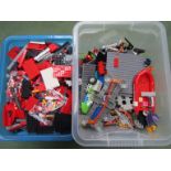 Two boxes of loose lego and other construction blocks