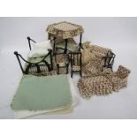 A suite of wirework and cloth dolls house furniture and miniature doll