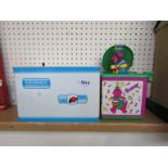 A Hoovermatic tinplate twin tub washing machine and a Barney the Dinosaur jack in the box