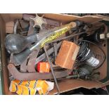 A box of mixed tools including lead lamps, oil cans etc.