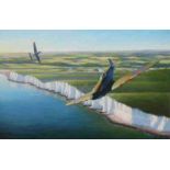 MARK WILSON (20th C): An oil on canvas depicting Spitfire and Messerschmitt dog fight over Dover