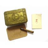 A WWI Christmas 1914 Princess Mary gift tin with M-marked bullet pencil and 1915 gift card