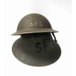 Two WWII British helmets: 1939 dated Brodie pattern with AFS lettering.