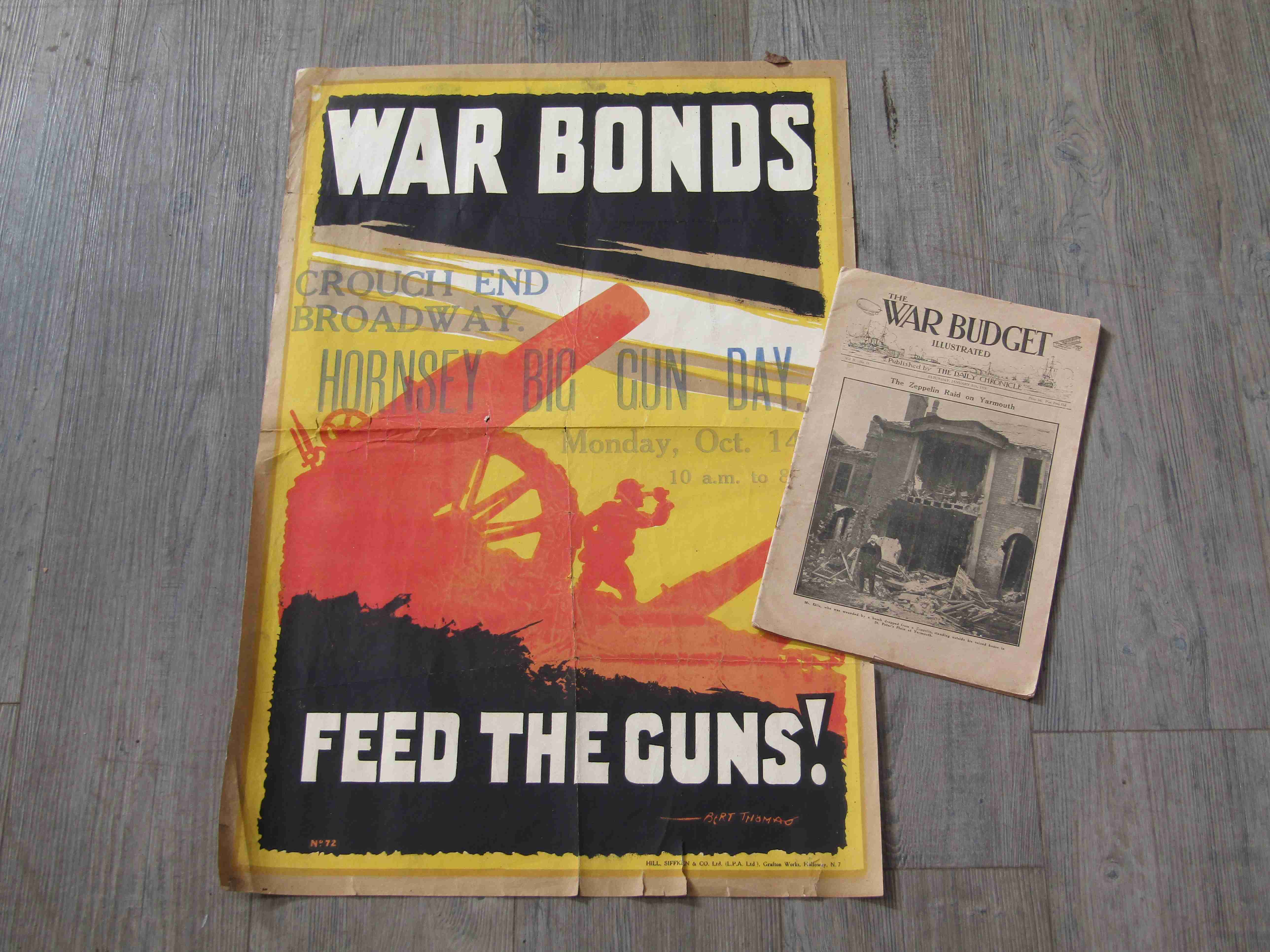 A World War II Bonds poster for a drive at Crouch End and an edition of The War Budget,