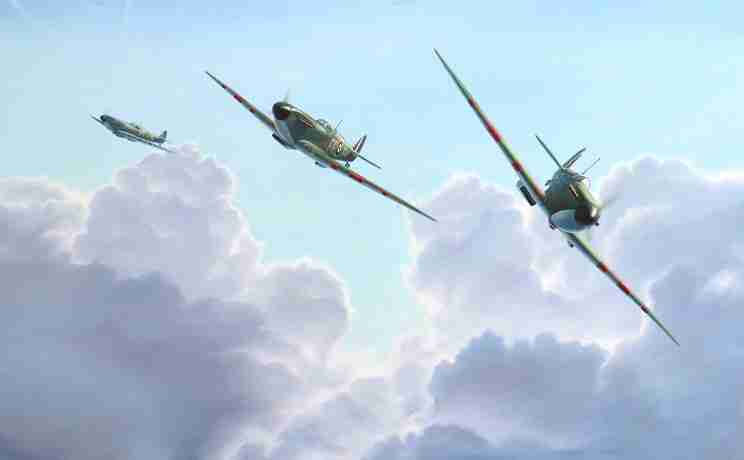 MARK WILSON (20th C): An oil on canvas depicting three Spitfires flying in formation through clouds,