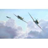 MARK WILSON (20th C): An oil on canvas depicting three Spitfires flying in formation through clouds,