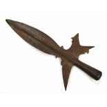 A metal halberd head with foundry stamp and initial,