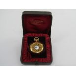 An early 20th Century 18ct gold half hunter fob watch with Roman enamelled dial, in fitted velvet