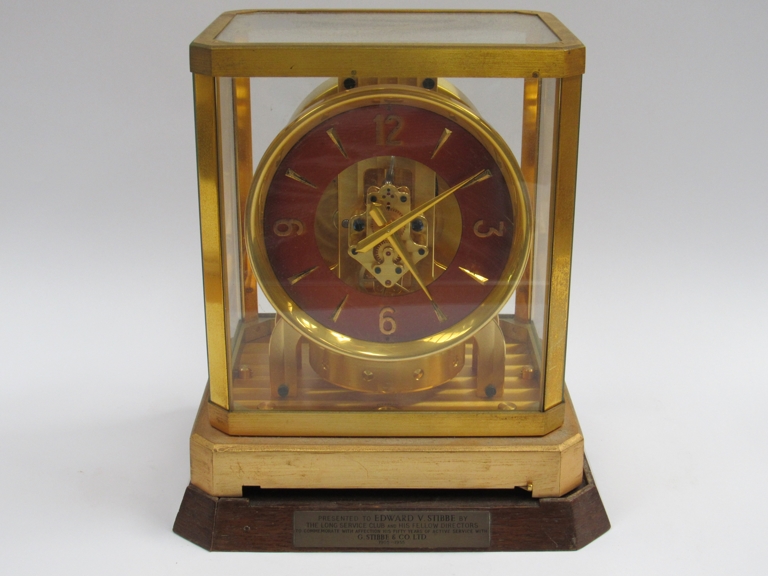 A Jaeger LeCoultre Atmos clock, no. 61654 (model 522), in gilt brass and glazed casing, patinated - Image 8 of 8