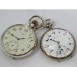 Two keyless wind pocket watches with Arabic dials, (both dials a/f) including Record and silver