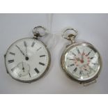 Two white metal small pocket watches with Roman enamelled dials (one hairline)