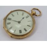 A late 19th Century 18ct gold pocket watch with Roman enamelled dial and keys, 42mm case diameter