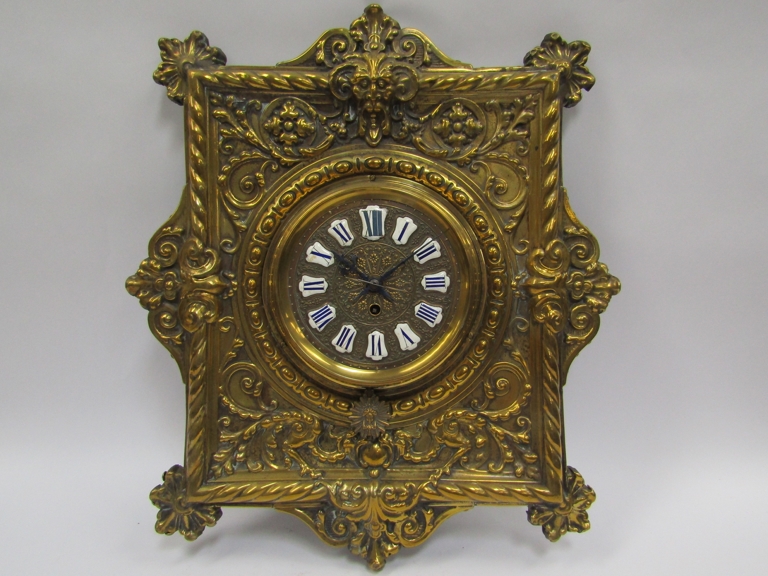 A 19th Century brass repousse wall timepiece with cartouche Roman enamel dial, possibly by Farcot, - Image 2 of 6