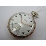 An Omega silver cased open faced keyless wind pocket watch, Araboc enamelled dial (hairlined),