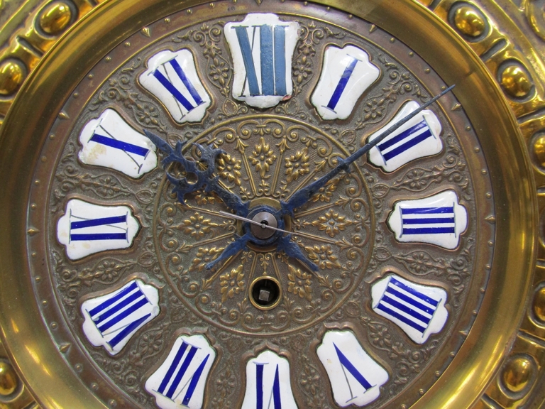 A 19th Century brass repousse wall timepiece with cartouche Roman enamel dial, possibly by Farcot, - Image 3 of 6