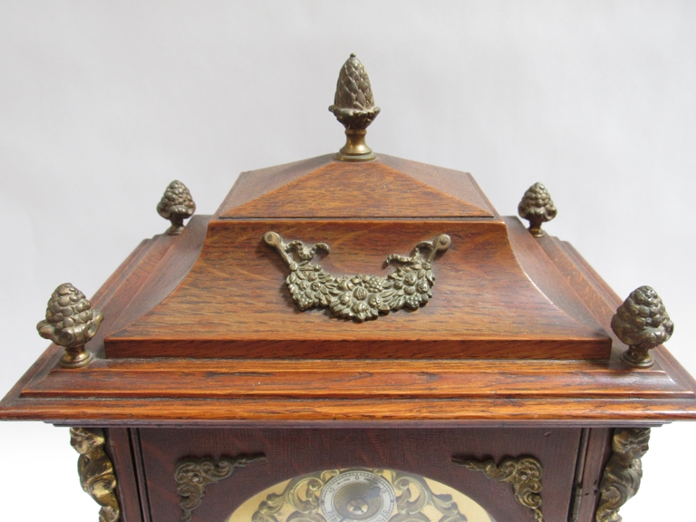 A late 19th Century Winterhalder & Hofmeier oak bracket clock with ormolu finials, mounts and - Image 2 of 6