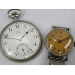 An Omega nickel cased open faced pocket watch, Arabic enamelled dial with subsidiary seconds (50mm