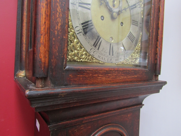 A George III oak longcase clock, the brass broken arch 11.5'' dial with silvered chapter ring, - Image 5 of 16