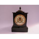 A late Victorian slate mantel clock with Arabic enamelled dial with visible Brocot escapement, 8 day