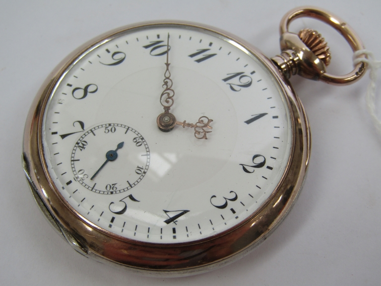 An early 20th Century silver cased open faced keyless pocket watch with Arabic enamelled dial,