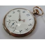 An early 20th Century silver cased open faced keyless pocket watch with Arabic enamelled dial,